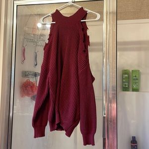 Maroon/Burgundy cold shoulder distressed sweater